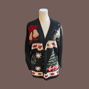 Tiara Christmas Cardigan | Black Knit | Size L | Vintage
